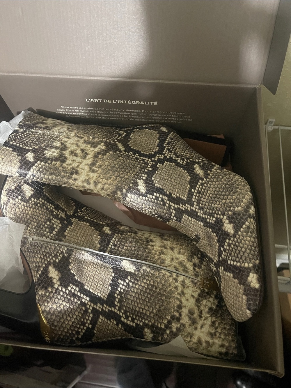 Franco Sarto Snake-Print Ankle Boots in Brown and Cream